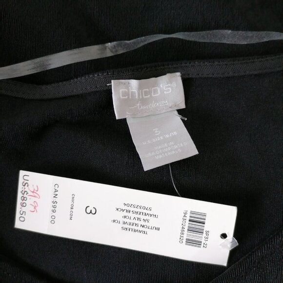 NWT Travelers By Chico's Womens Black 3/4 Button Sleeve Blouse Top Size 3 US XL - Picture 5 of 7